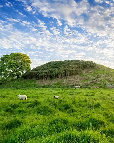 Megalithic passage tomb mound and standing stones in County Meath